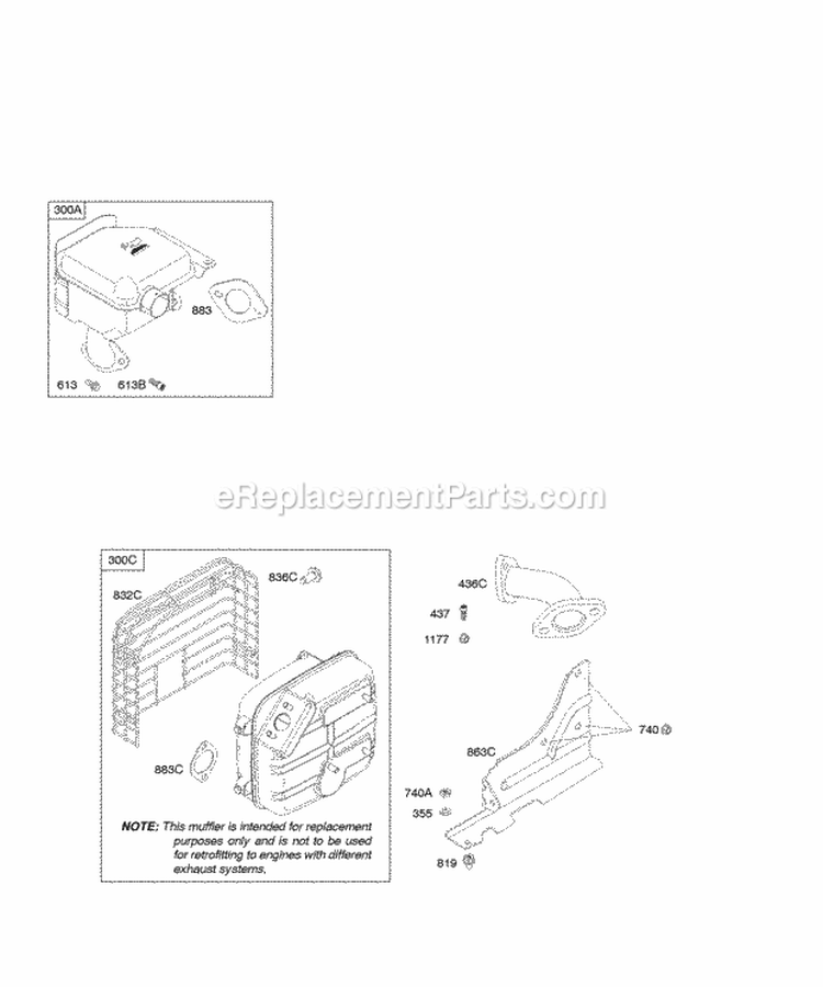 Exhaust System Diagram and Parts List for 20D412-0100-E1  Briggs and Stratton Engine